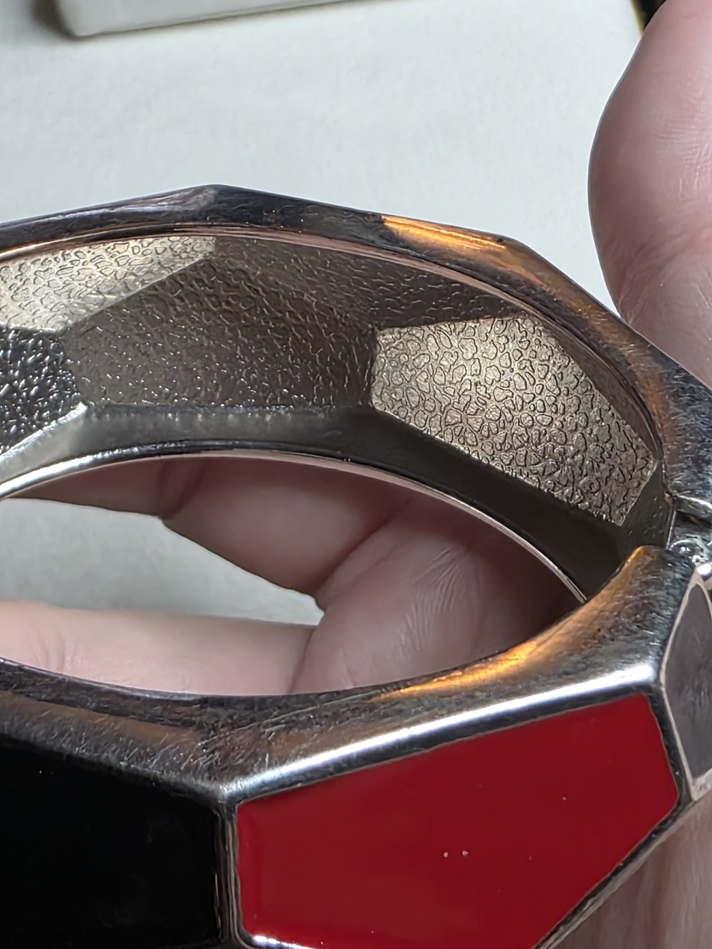 Geometric Enamel Hinged Bangle Bracelet Red Black White Silver Tone - Picture 8 of 9